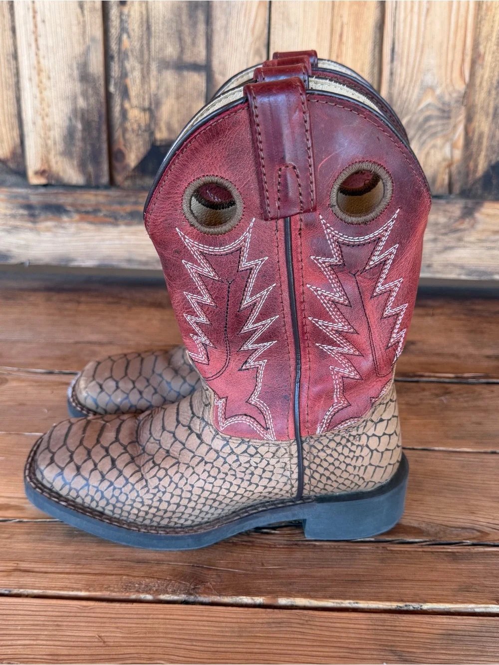 Kids Smoky Mountain Viper Print Sq Toe Western Boot 3072C Red/Brown Size 12.5